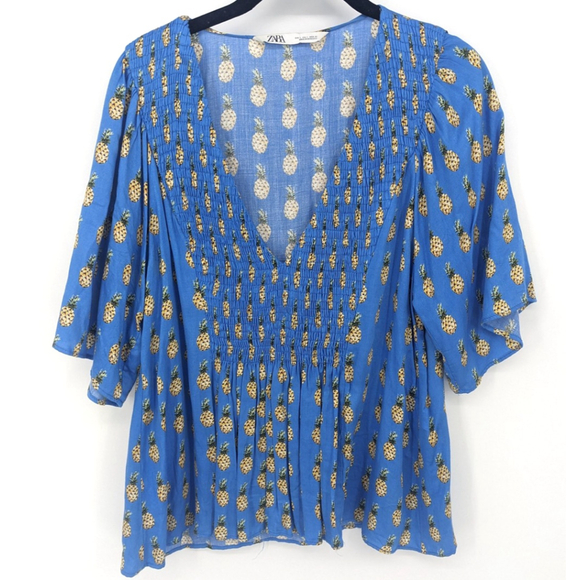 Zara Tops - Zara Shirt Womens Large Blue Pineapple Print Smocked Boho Flowy V Neck Top